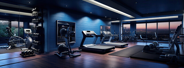 modern and minimalistic gym with a wide variety of exercise equipment, dark blue and parquet, empty fitness room, sport equipment, panorama banner, AI  - obrazy, fototapety, plakaty
