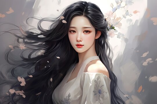 painting style illustration pretty woman in flower blossom park, with flower petals and long black hair flow in wind blow, Generative Ai