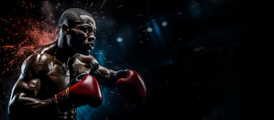 Naklejka premium Strong boxer standing in pose and ready to fight. Dark dramatic stadium background. Banner with copy space. Shallow field of view.