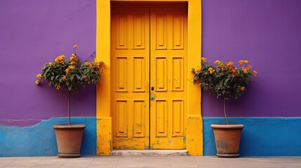 Obraz premium yellow door in purple wall, cute architecture background with pot plant, Generative Ai