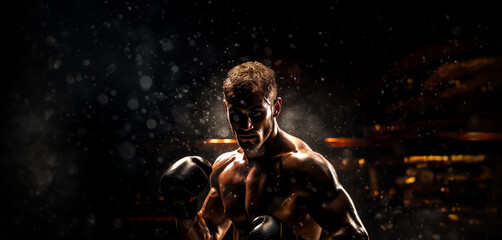 Fototapeta na wymiar Strong boxer standing in pose and ready to fight. Dark dramatic stadium background. Banner with copy space. Shallow field of view.