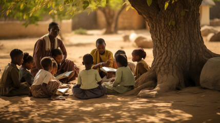A group of African children are in school. An open-air lesson near a tree.