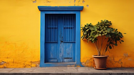 Fototapeta na wymiar blue door inyellow wall, cute architecture background with pot plant, Generative Ai