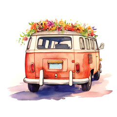 Just Married Car with flowers watercolor painting ilustration