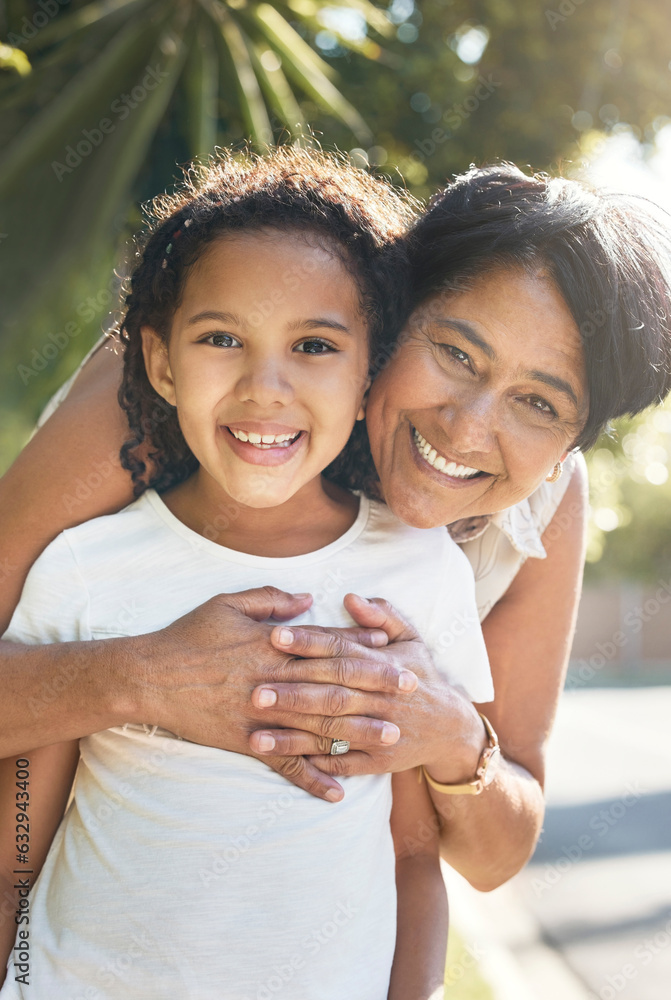 Canvas Prints Portrait, kid or happy grandmother hug outdoor for bonding with love, support or care in retirement. Face, girl child or mature grandma with smile, peace or trust on family holiday vacation to relax