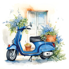 Vintage motorcycle in a tourist town watercolor hand painted vector ilustration