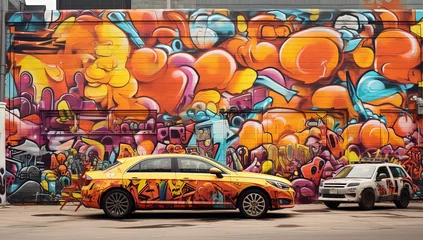 Cercles muraux Graffiti close up graffiti car with city wall full of messy graffiti art illustration, Generative Ai