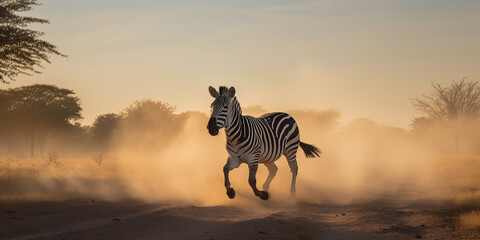 Fototapeta na wymiar Zebra running through the steppe