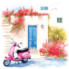 Vintage motorcycle in a tourist town watercolor painting vector.