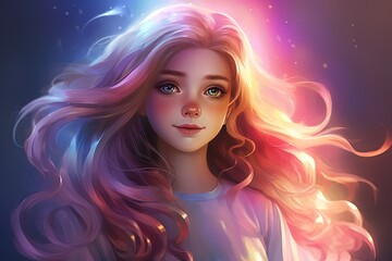 painting style illustration portrait of cute pretty girl in glitter glow light and wind blow celestial fairytale atmosphere, Generative Ai