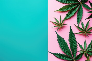 Marijuana leaves on a pink and blue background. Digital image.