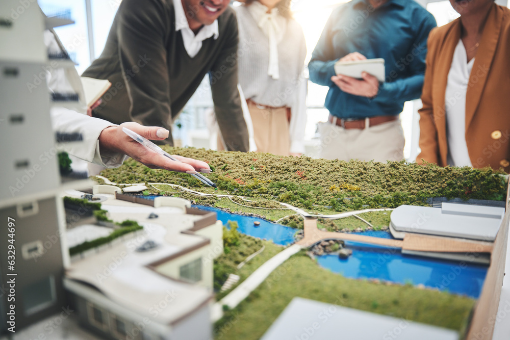 Poster creative people, hands and real estate with 3d model of building design, architecture or property at