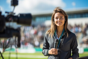 Reporter amidst a sports event, capturing dynamic action shots, journalist, blurred background, natural light, affinity, bright background  - obrazy, fototapety, plakaty