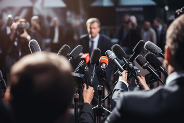 Journalist at a press conference, surrounded by microphones and cameras, journalist, blurred background, natural light, affinity, bright background - obrazy, fototapety, plakaty