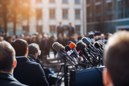 Journalist at a press conference, surrounded by microphones and cameras, journalist, blurred background, natural light, affinity, bright background