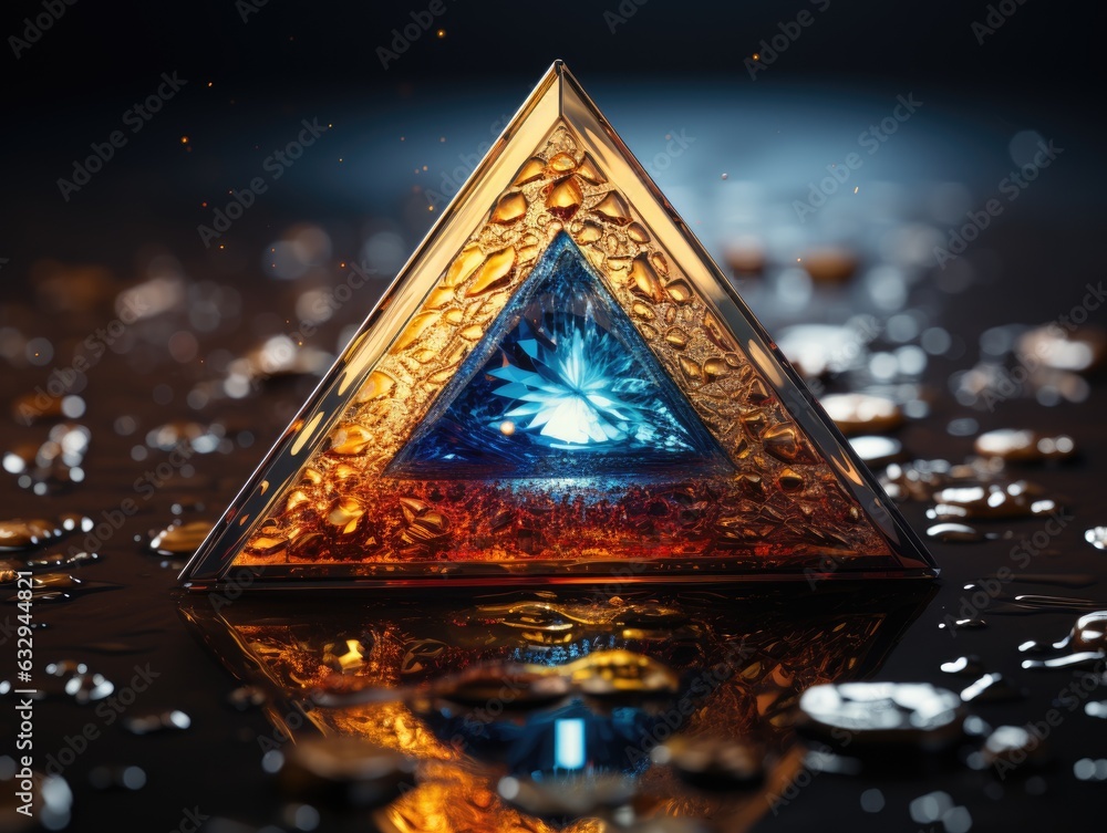 Poster a triangle shaped object with a blue eye inside of it. digital image.