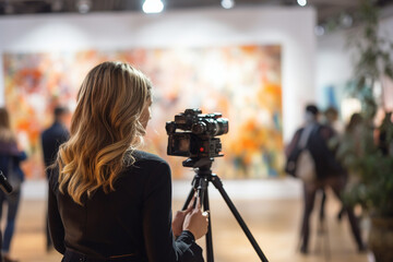 Reporter at an art exhibition, capturing the essence of creative expressions, journalist, blurred background, natural light, affinity, bright background 