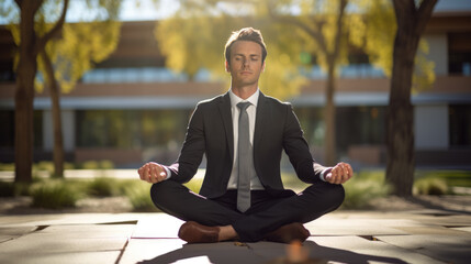 A businessman sitting in a yoga pose on the street in a modern city. Created with Generative AI...