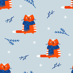 Seamless vector pattern with cute cat wearing scarf