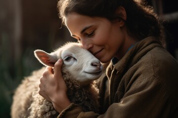 A person cuddling with a rescued farm animal ship lamb, compassion and ethical values of veganism. The photo promotes the welfare and protection of animals. Generative AI.