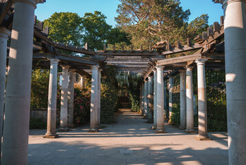 View of old structure at The Hill Garden and Pergola. Trees growing by columns with blue sky in background. Scenic view of park in Hampstead Heath during sunny day.