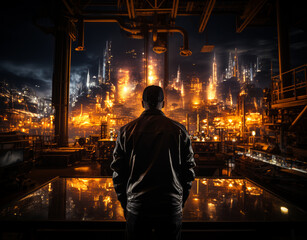 Dark industrial construction. Man silhouette on big factory.