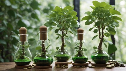 Explore the Future of Ayurvedic Wellness with 'Coin Bottle Trees' and Small Plant Elixirs in a Sustainable Green Paradigm. - obrazy, fototapety, plakaty
