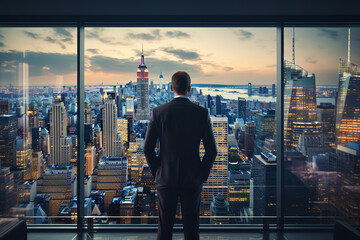 Businessman standing looking the city from his office room, Rear view, Business ambition and vision concept. Generated  AI.