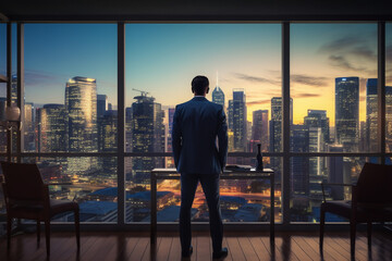 Businessman standing looking the city from his office room, Rear view, Business ambition and vision concept. Generated  AI.
