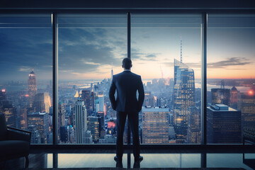 Fototapeta premium Businessman standing looking the city from his office room, Rear view, Business ambition and vision concept. Generated AI.