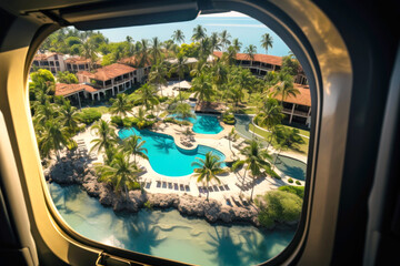 Obraz premium View from above at a luxurious tropical resort through a commercial flight airplane's passenger's window (porthole). Generative AI
