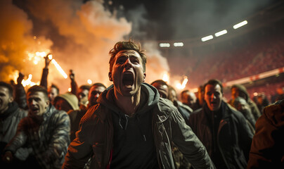 Football hooligans in game. aggressive soccer fans shouting and booing in the crowd. Losing team fans got mad. Furious people complain and protest a mistake made by referee. Soccer hooligans