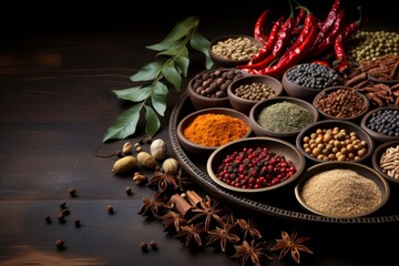 Upclose View of Assorted Colorful Spices Including Cinnamon, Turmeric, Paprika, and Cardamom, Essential Ingredients in Diverse Cuisines Around the World.