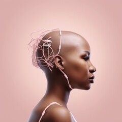Young woman's shaved head profile covered with pink cybernetic wires. Futuristic surrealism concept. 