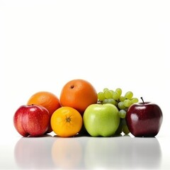 Vibrant Assortment of Fresh Fruit Presented on a White Backdrop, with Apples, Oranges, Grapes, Plums and Variety Fruit Displaying a Rainbow of Tantalizing Colors and Textures.