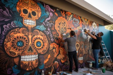 A community creating a large-scale mural or artwork depicting Day of the Dead symbols and themes. The collaborative and creative spirit of the celebration. Generative AI.