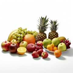 Vibrant Assortment of Fresh Fruit Presented on a White Backdrop, with Apples, Oranges, Grapes, Plums and Variety Fruit Displaying a Rainbow of Tantalizing Colors and Textures.