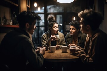 A group of friends sitting in a cozy coffee shop, engaged in lively conversation over cups of coffee. The relaxed and social atmosphere of the coffee shop. Generative AI.
