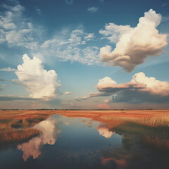 Peaceful Landscape with Water Reflection and Cloudy Sky - AI Generated