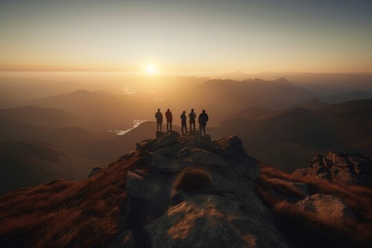 A group of hikers standing on a mountain peak, enjoying the breathtaking view. The essence of adventure and exploration. Generative AI.