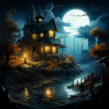 Dark scary house illustration. Halloween sppoky haunted house.