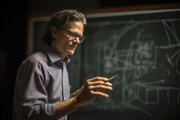 A teacher professor passionately delivering a lecture in front of a blackboard filled with educational diagrams and equations. Learning atmosphere. Generative AI.