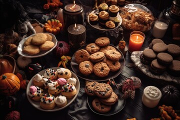 Halloween-themed treats, cookies, cupcakes, candies in festive shapes and colors. Delicious and indulgent side of Halloween. AI Generative.