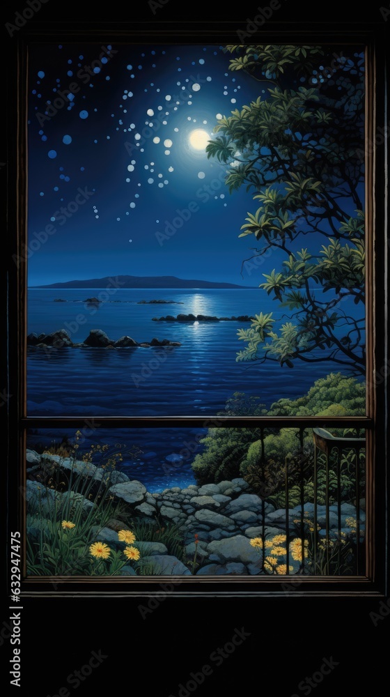 Poster a painting of a view of the ocean from a window. digital image.