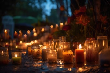 Candles placed on graves or ofrendas, creating a warm and solemn atmosphere. Spiritual aspect of Day of the Dead. Generative AI.