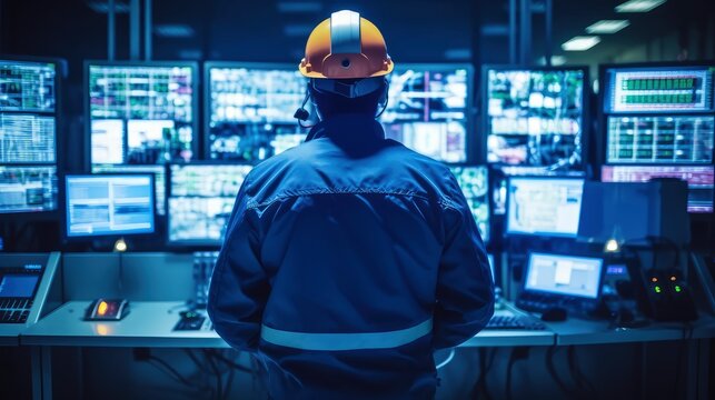 Plant Operator Vigilantly Observing Meters and Displays Inside Industrial Control Room, Ensuring Smooth Functioning of High-Tech Manufacturing Equipment.