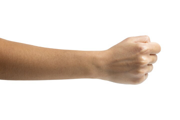 Woman hand shows wrong fist gesture isolated on white background, with clipping path. Five fingers. Full Depth of field. Focus stacking