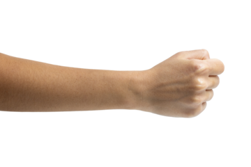 Woman hand shows wrong fist gesture isolated on white background, with clipping path. Five fingers. Full Depth of field. Focus stacking