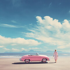 Fototapeta na wymiar Dreamy Image of Woman and Vintage Car on White Sand Beach - AI Generated