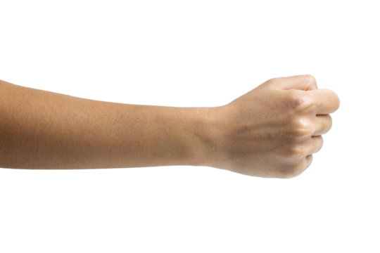 Woman hand shows wrong fist gesture isolated on white background, with clipping path. Five fingers. Full Depth of field. Focus stacking